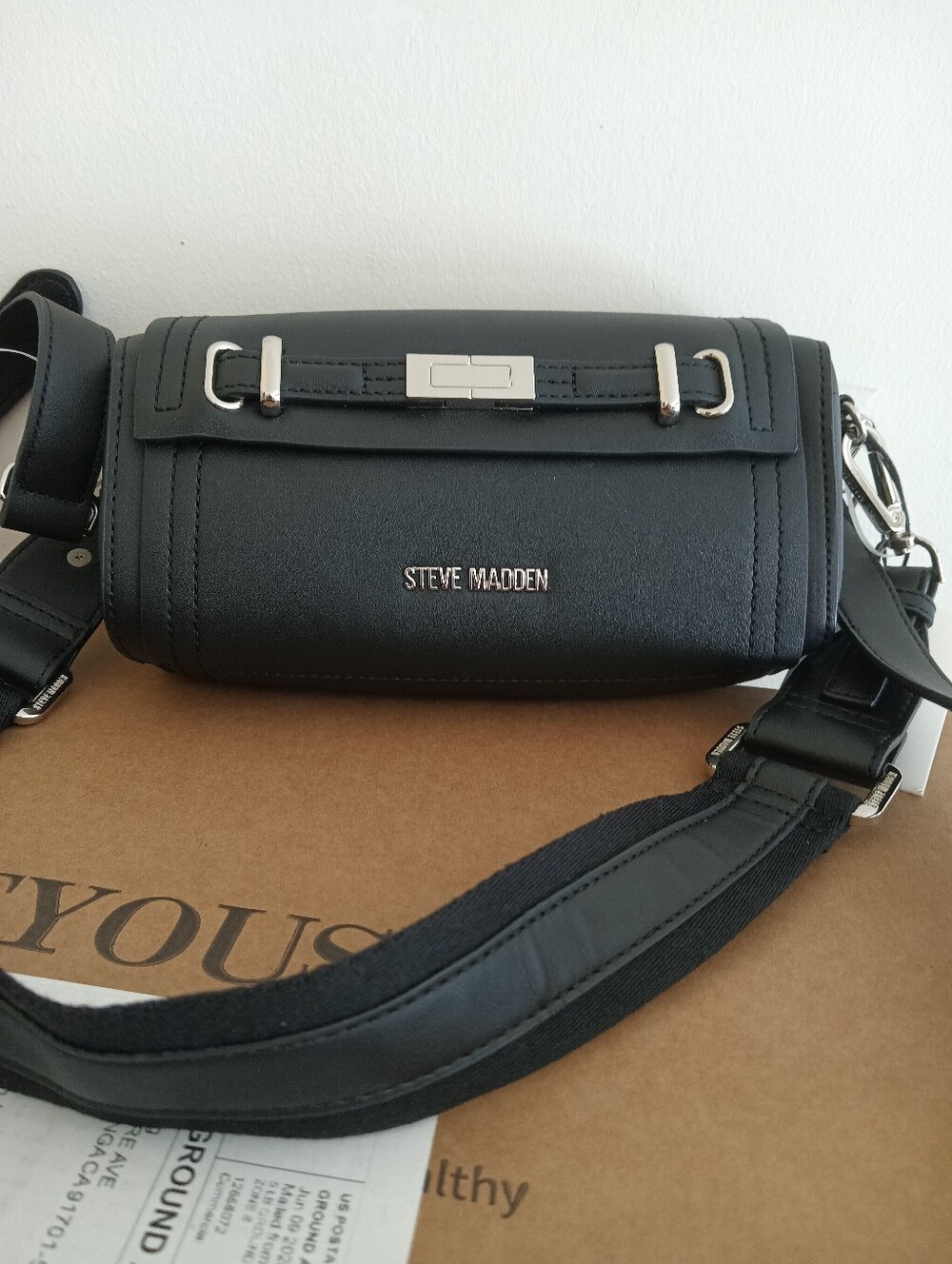 Steve Madden Black Leather-Style Shoulder Bag with Silver Hardware